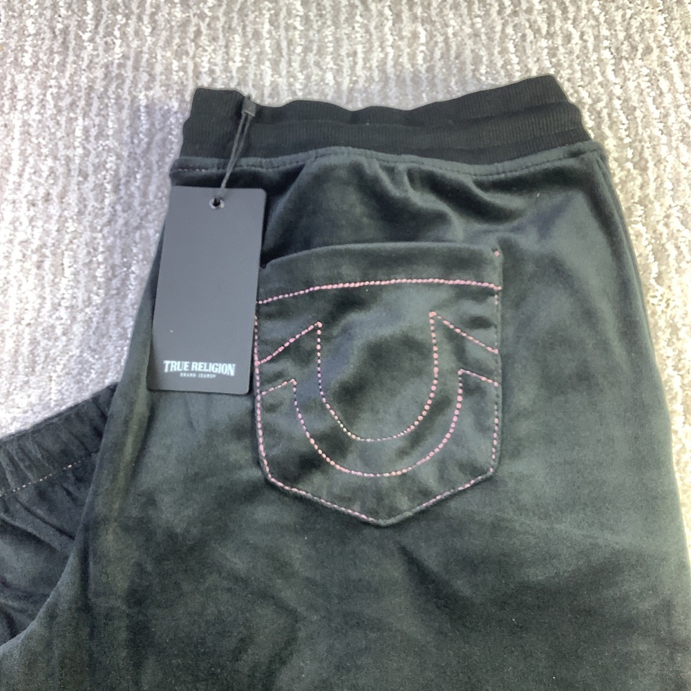 True Religion Lurex Velour Big T Lounge Jogger Pants Black Womens Size Large NWT
